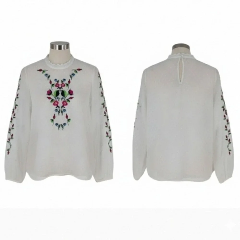 Y.A.S Yasmolia White Swiss‎ Dot Floral Embroidered High Neck Blouse Top Size M